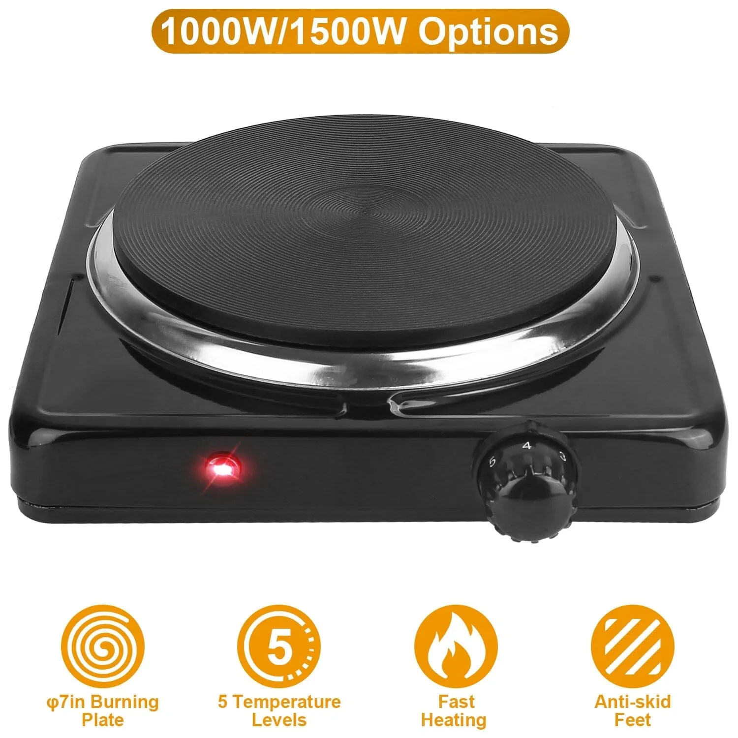 1500W Portable Heating Hot Plate Stove Countertop with Non Slip Rubber