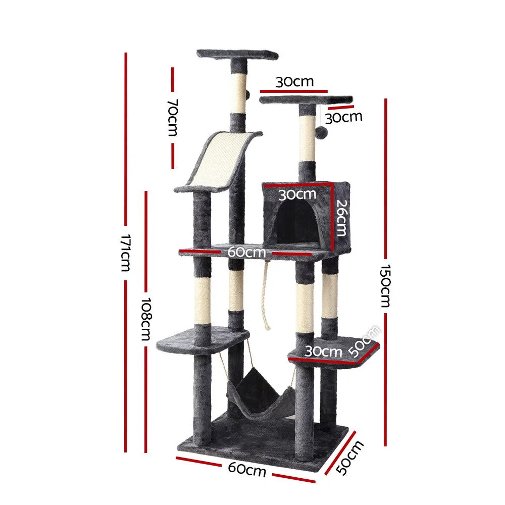 171cm Multi-Level Cat Tree with Hammock, Sisal Poles, Wooden - i.Pet