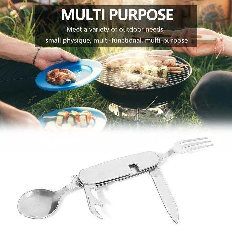 1779 4-in-1 Stainless Steel Travel / Camping Folding Multi Swiss Cutlery Set