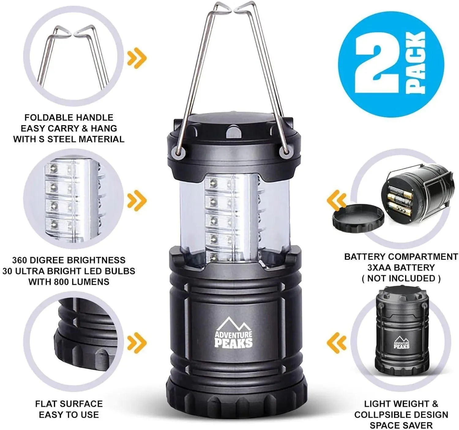 2 Pack of 30 LED  Collapsible Camping Lanterns Tent Lights