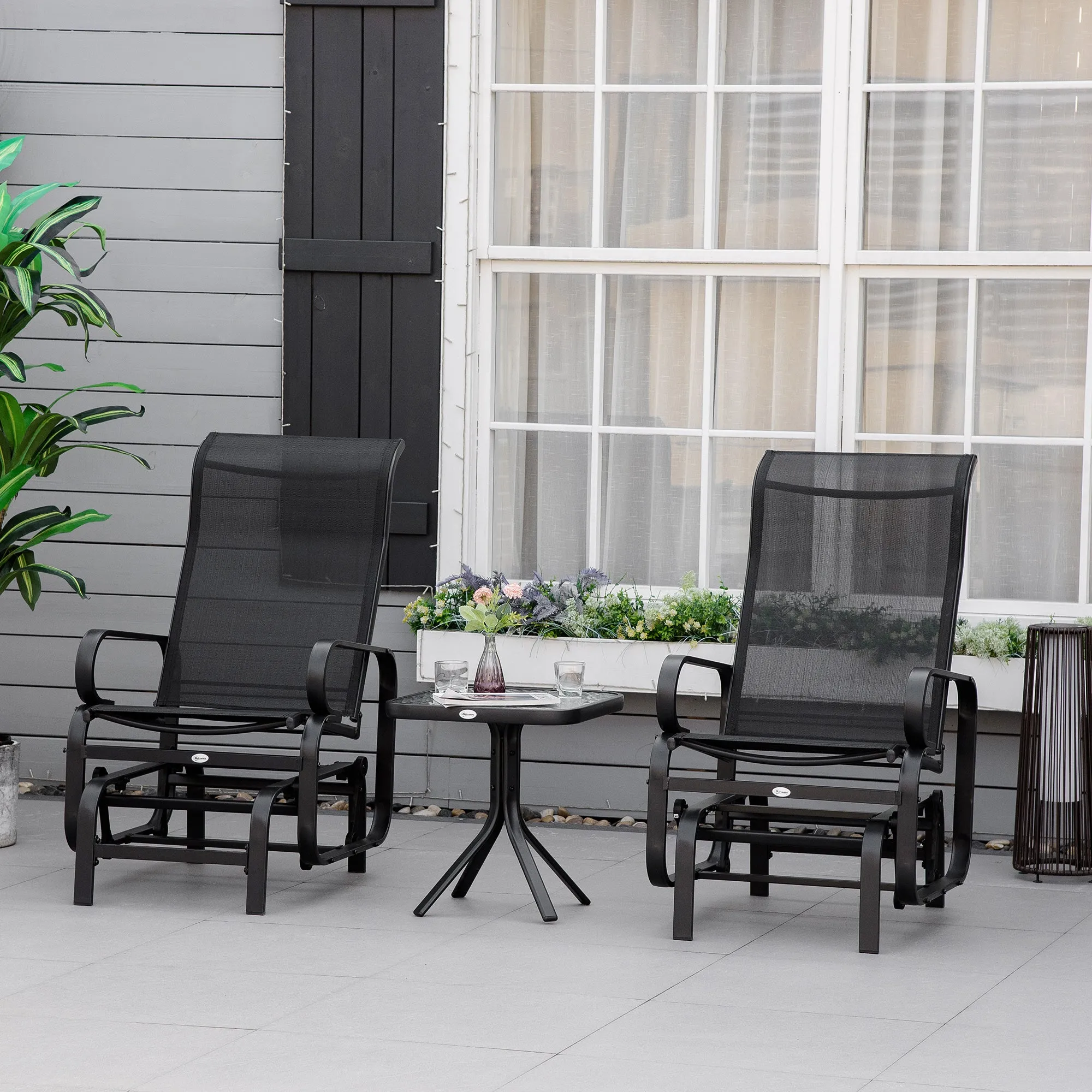 3 PCs Outdoor Gliding Rocking Chair With Tea Table Patio Garden Comfortable Swing Chair Black