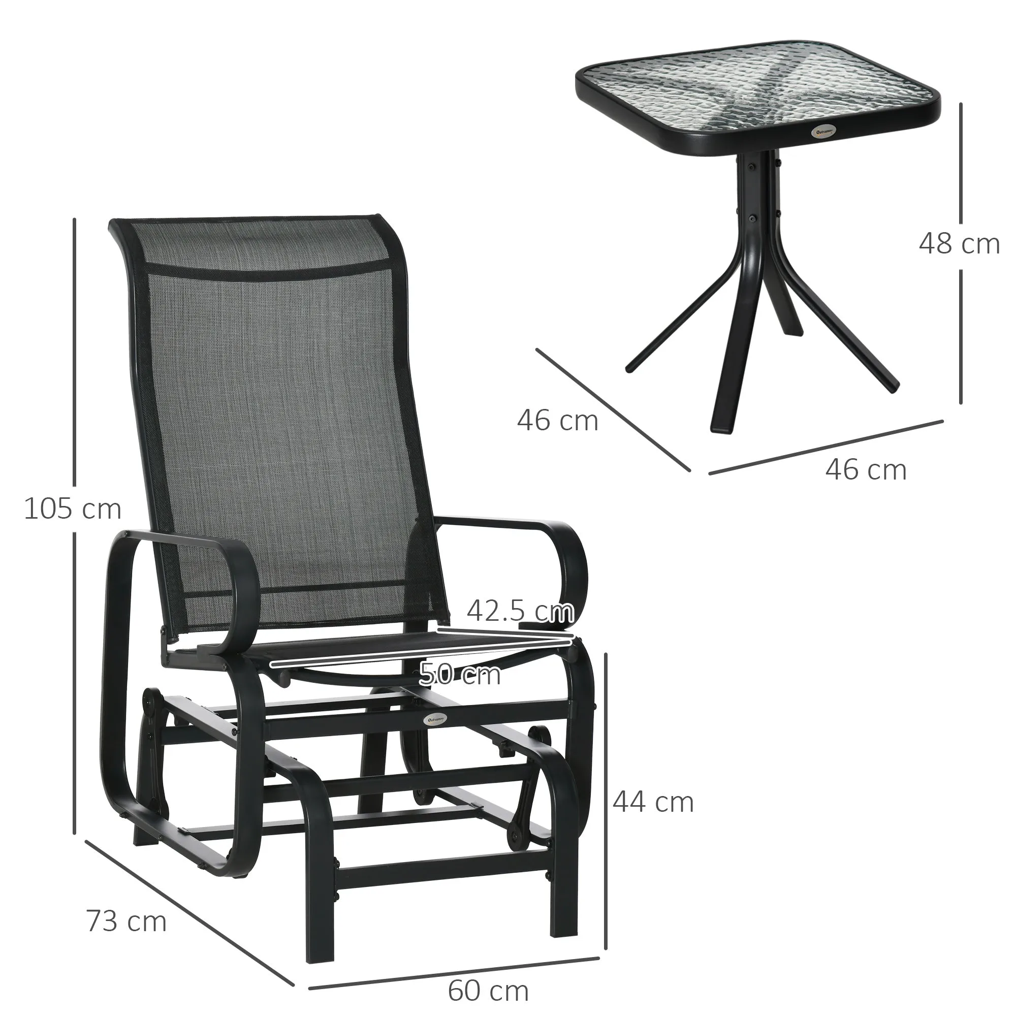 3 PCs Outdoor Gliding Rocking Chair With Tea Table Patio Garden Comfortable Swing Chair Black