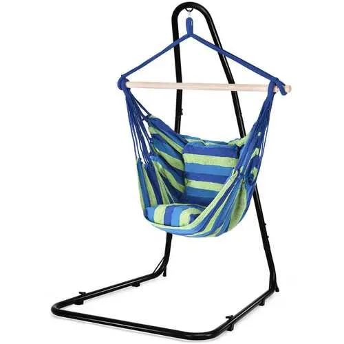 4 Color Deluxe Hammock Rope Chair Porch Yard Tree Hanging Air Swing Outdoor-Blue and Green