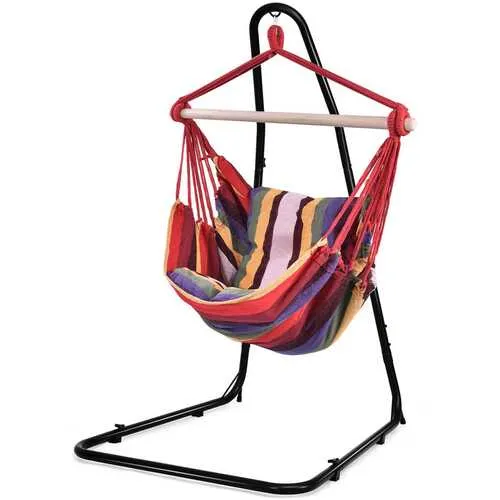 4 Color Deluxe Hammock Rope Chair Porch Yard Tree Hanging Air Swing Outdoor-Red