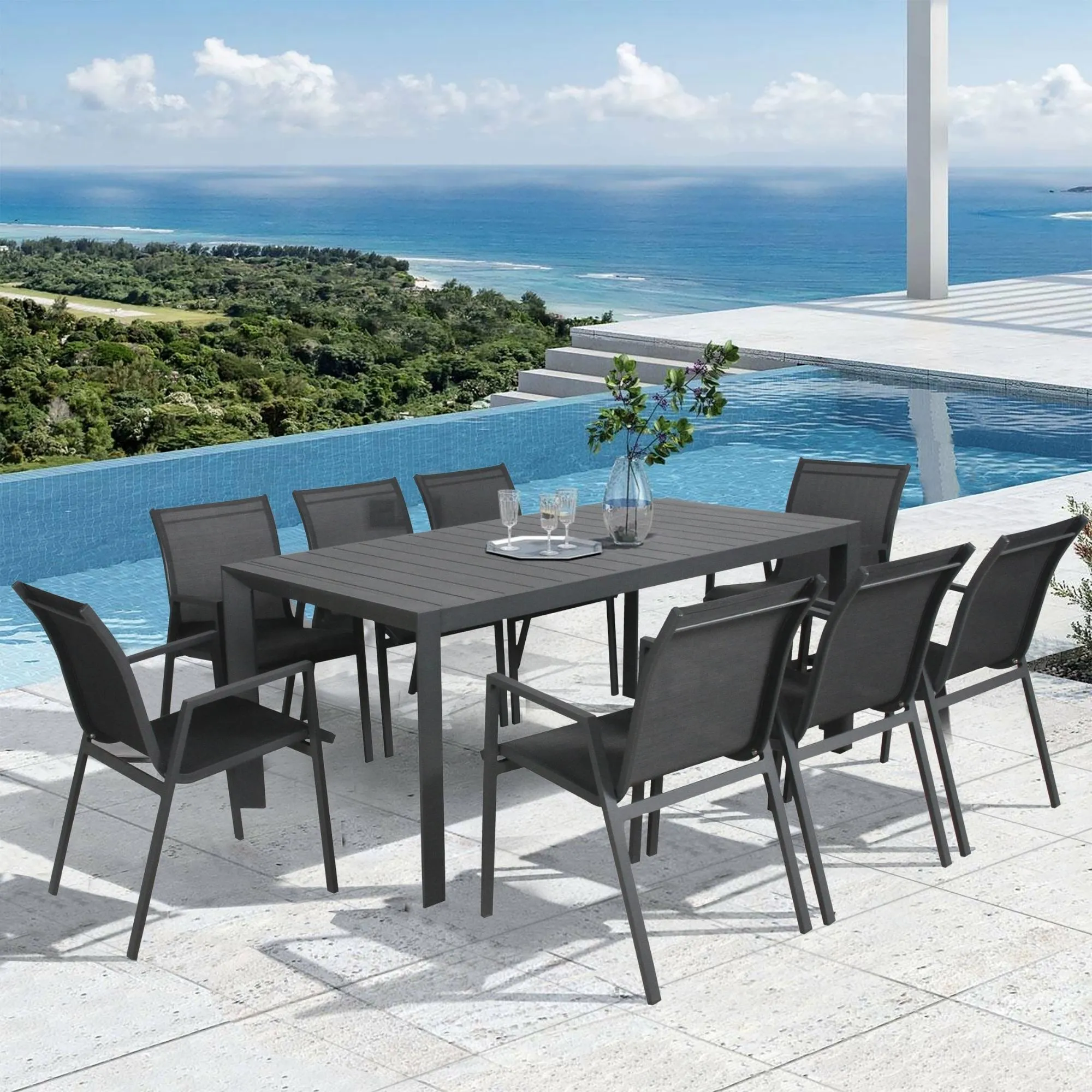 8pc Aluminium Outdoor Dining Chair Set, Stackable, Charcoal