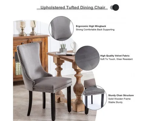 8x Velvet Upholstered Dining Chairs Tufted Wingback Side Chair with Studs Trim Solid Wood Legs for Kitchen