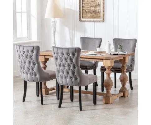 8x Velvet Upholstered Dining Chairs Tufted Wingback Side Chair with Studs Trim Solid Wood Legs for Kitchen