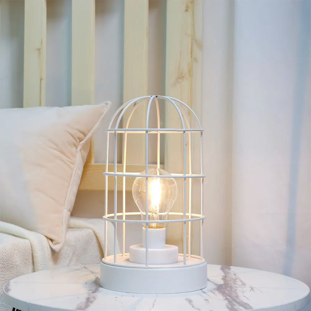 9.5''H Decorative Table Lamp Metal Cage Cordless Lamps with LED Bulb(White)