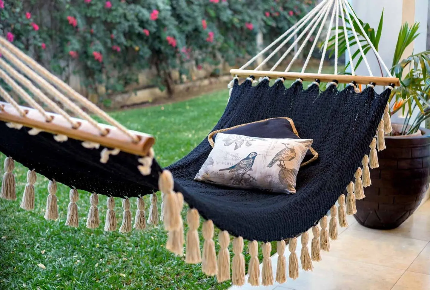 Boho Black Cotton Hammock with Tassels (Wooden Bar)