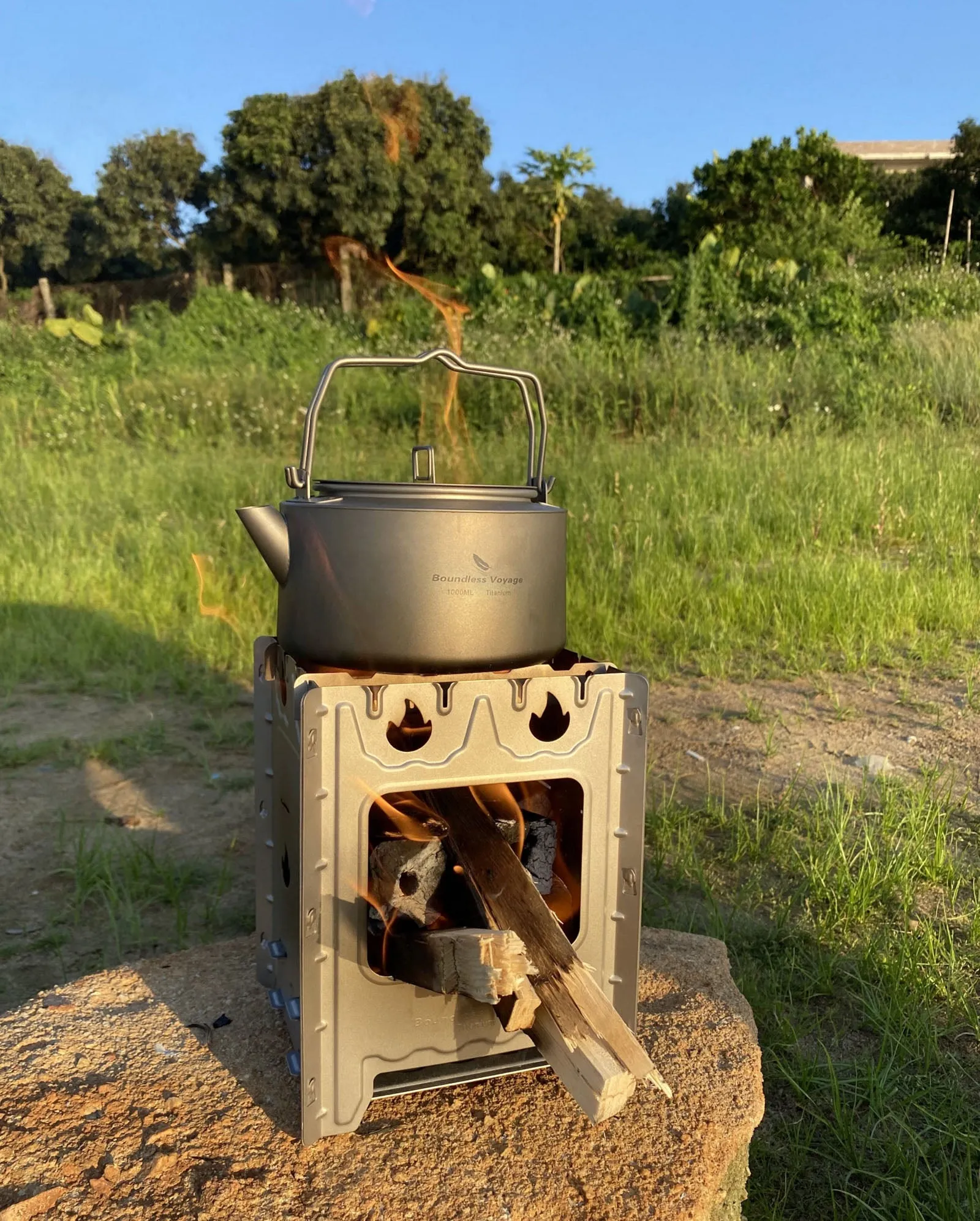 Boundless Voyage Outdoor Camping Titanium Removable Wood Stove With Pot Holder Portable Ultralight Thickened Charcoal Burner