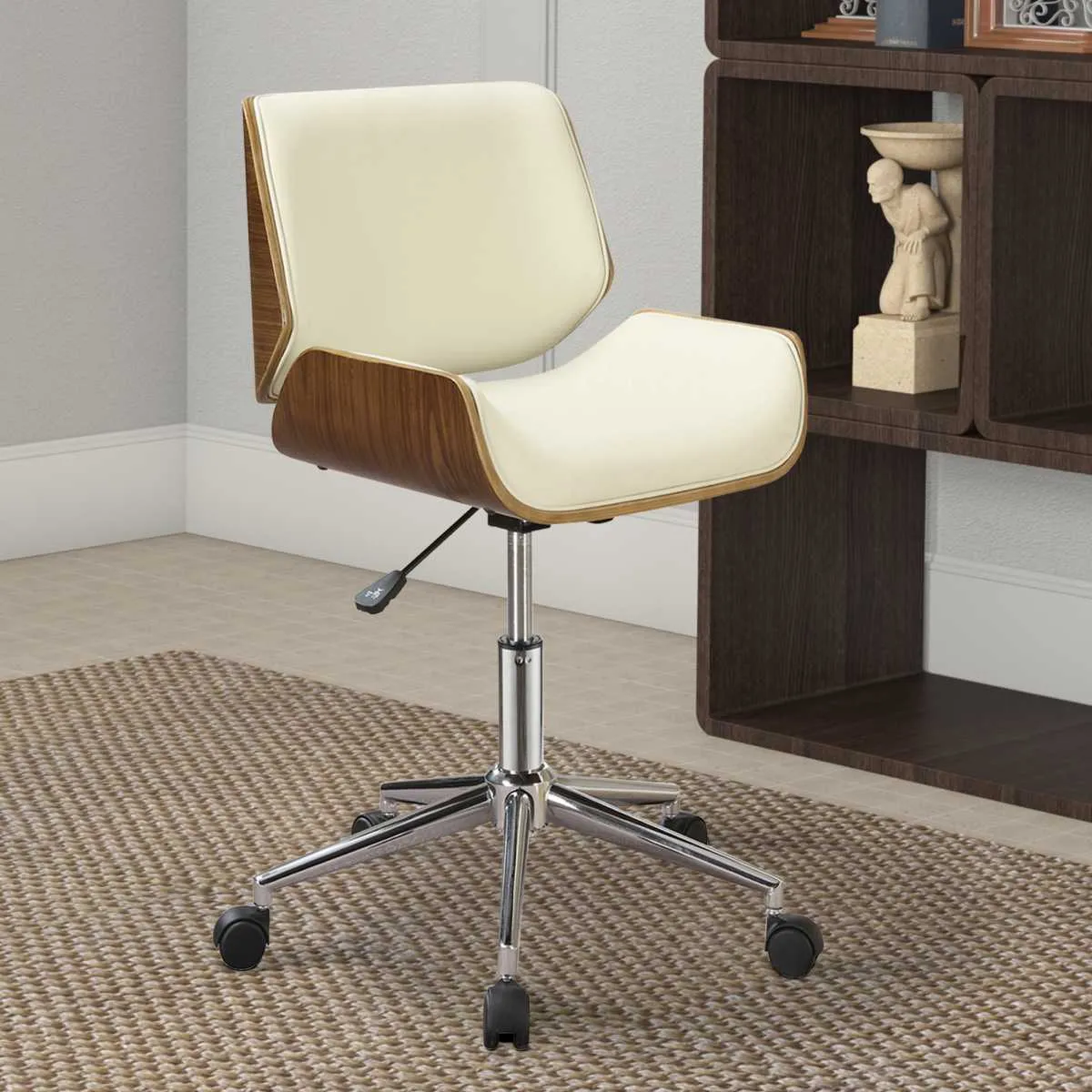 Contemporary Small-Back Home Office Chair, Beige/Walnut  By Benzara