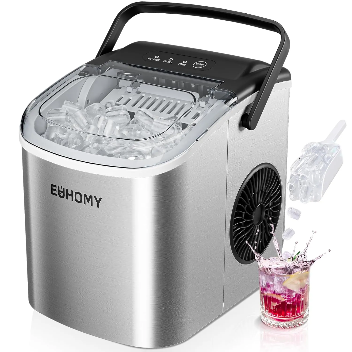 Countertop Ice Maker – 26 lbs/24hrs, 9 Cubes in 6 Mins, Auto-Cleaning, Portable with Basket & Scoop