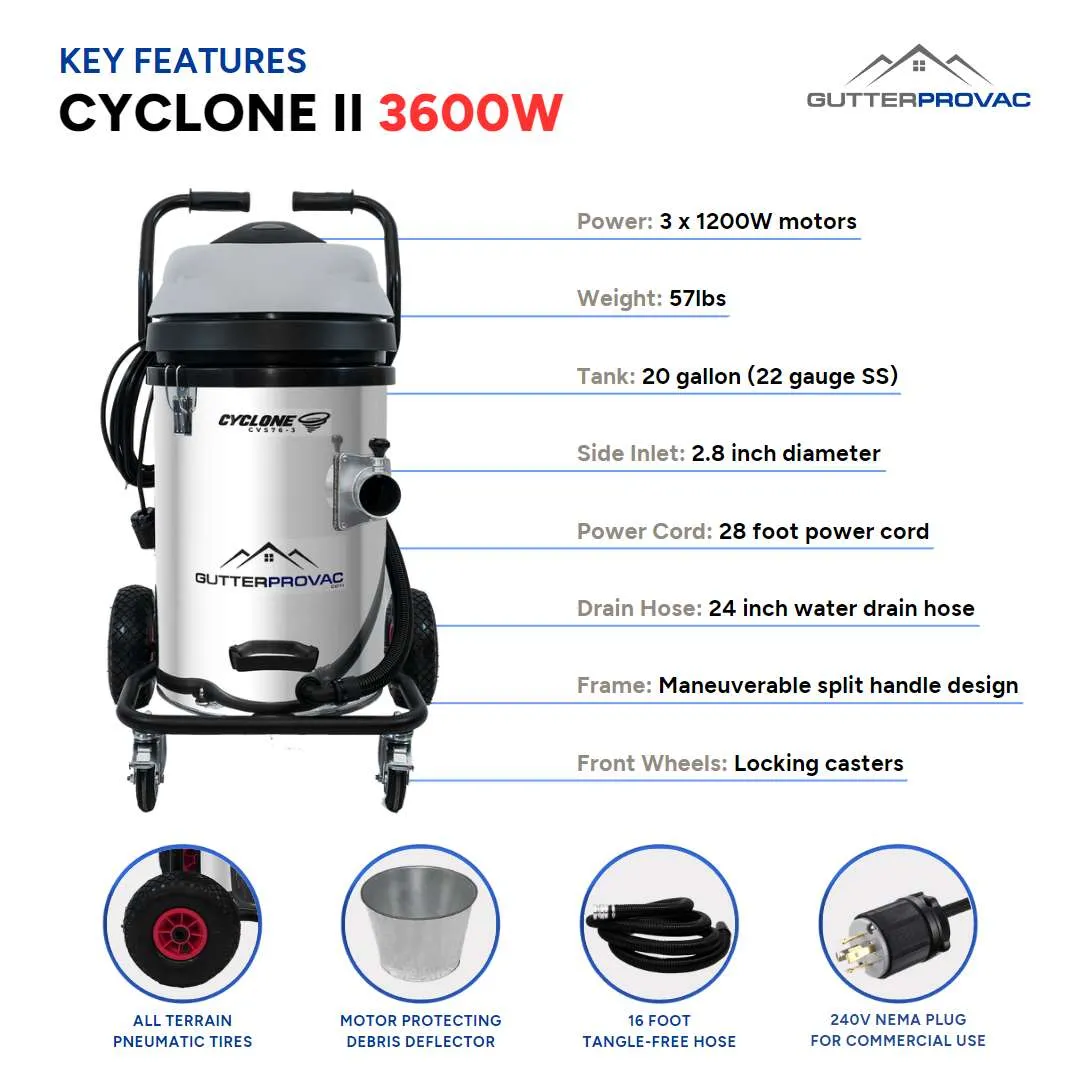 Cyclone II 3600W Stainless Steel 20 Gallon Gutter Vacuum with 28 Foot Carbon Clamping Poles and Bag