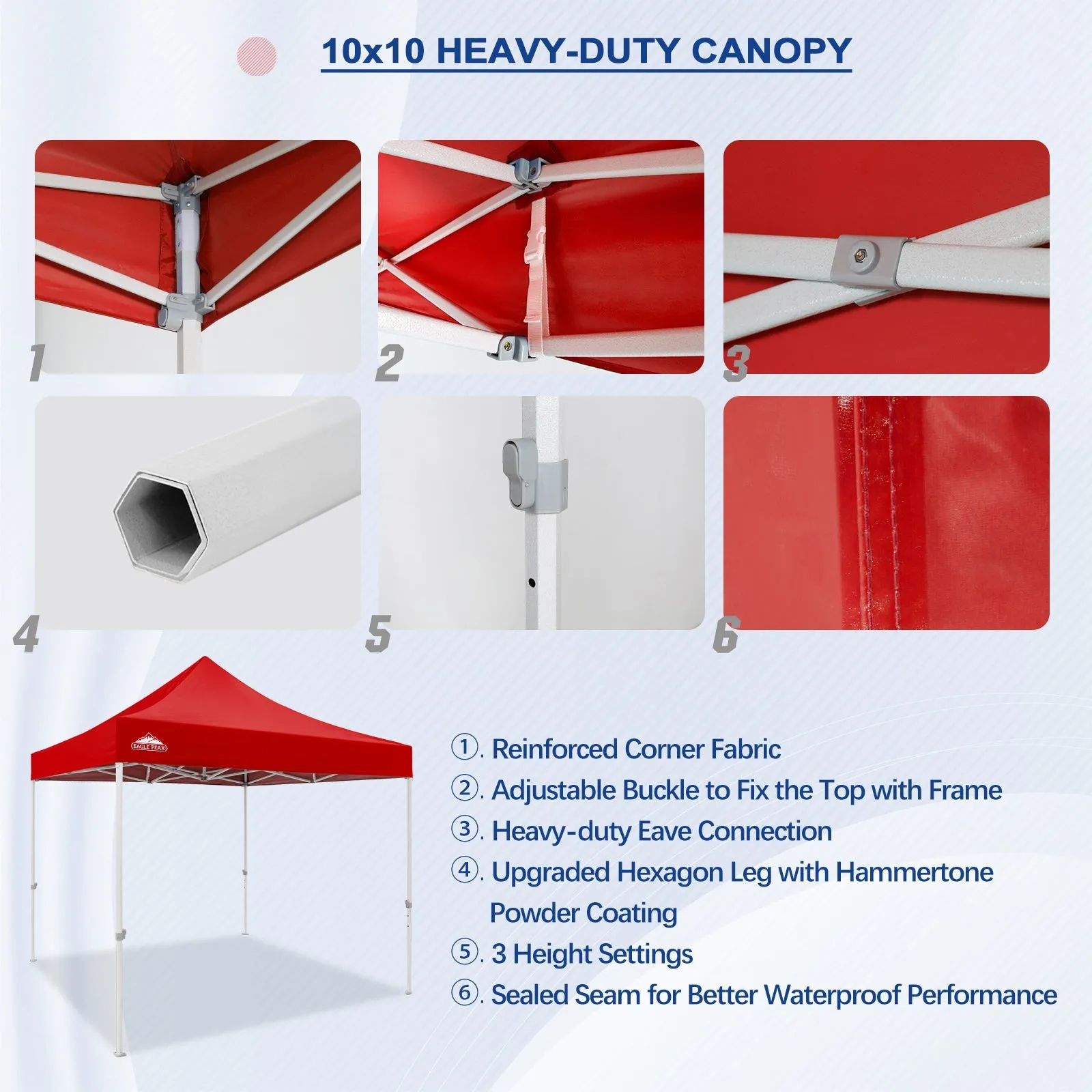 EAGLE PEAK 10x10 Heavy Duty Pop up Commercial Canopy Tent Instant Sun Shelter with Roller Bag, 4 Sandbags, Red / White / Blue / Black