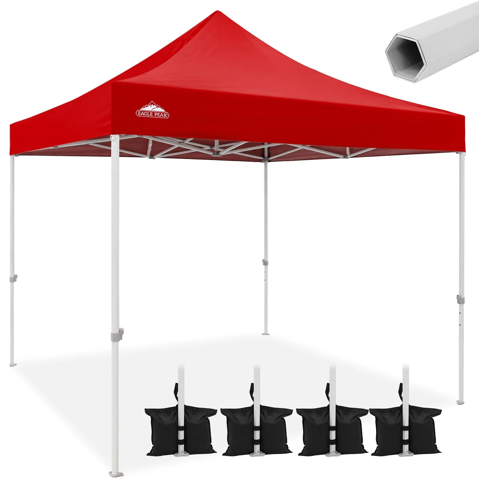 EAGLE PEAK 10x10 Heavy Duty Pop up Commercial Canopy Tent Instant Sun Shelter with Roller Bag, 4 Sandbags, Red / White / Blue / Black