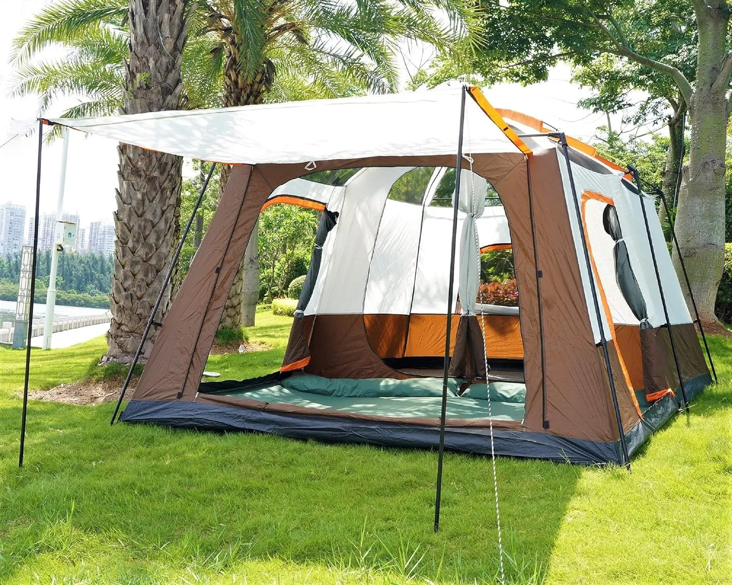 Extra Large Tent 10-12-14 Person(Style-B),Family Cabin Tents,2 Rooms,3 Doors and 3 Windows with Mesh,Straight Wall,Waterproof,Double Layer,Big Tent for Outdoor,Picnic,Camping,Family Gathering