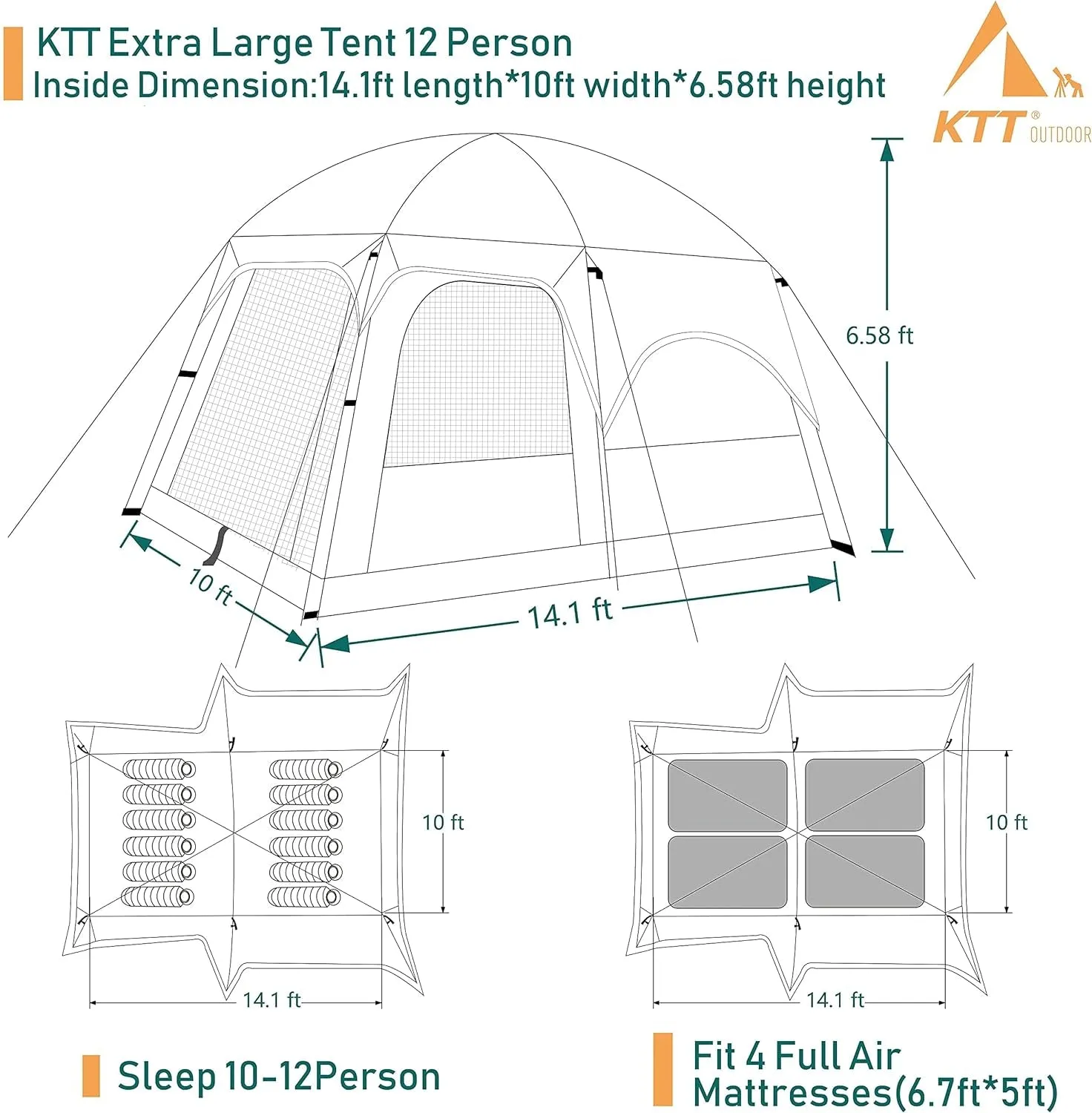 Extra Large Tent 10-12-14 Person(Style-B),Family Cabin Tents,2 Rooms,3 Doors and 3 Windows with Mesh,Straight Wall,Waterproof,Double Layer,Big Tent for Outdoor,Picnic,Camping,Family Gathering