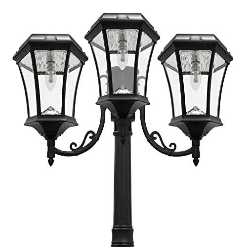 Gama Sonic Outdoor Solar Post Light, 3 Lamps on Black Aluminum Post, Victorian Style LED Bulb, 450 Lumens Brightness, Warm White Light (94B003)