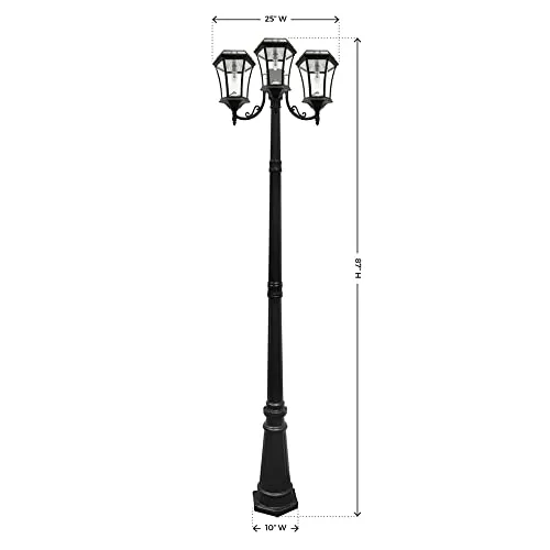 Gama Sonic Outdoor Solar Post Light, 3 Lamps on Black Aluminum Post, Victorian Style LED Bulb, 450 Lumens Brightness, Warm White Light (94B003)