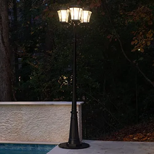 Gama Sonic Outdoor Solar Post Light, 3 Lamps on Black Aluminum Post, Victorian Style LED Bulb, 450 Lumens Brightness, Warm White Light (94B003)