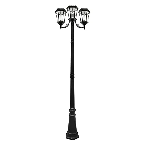 Gama Sonic Outdoor Solar Post Light, 3 Lamps on Black Aluminum Post, Victorian Style LED Bulb, 450 Lumens Brightness, Warm White Light (94B003)