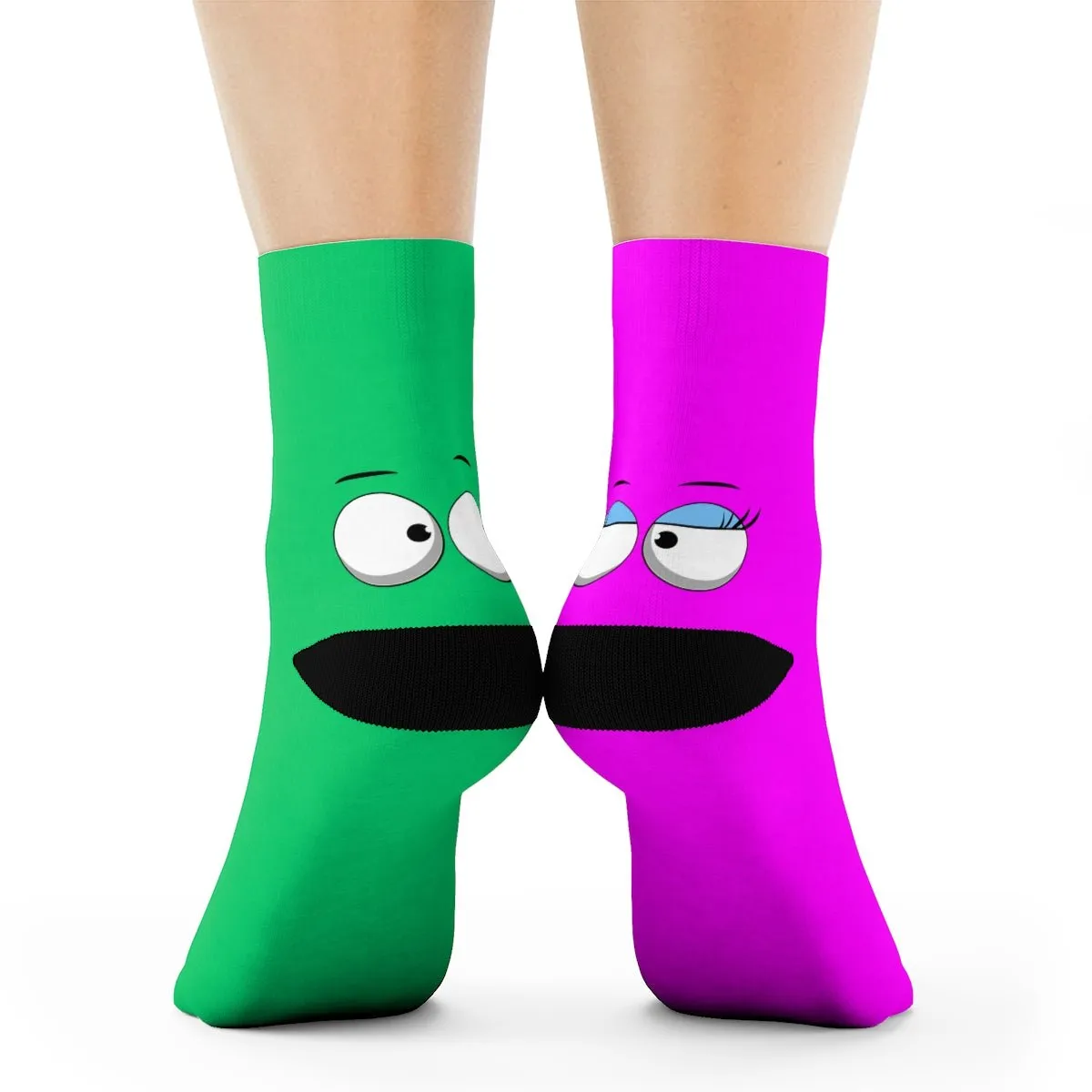 Green and Purple Flirty Sock Puppet Crew Socks Cartoon Happy Fun