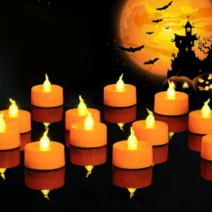 Halloween 24 Pack Orange Tea Light Candles, Battery Operated LED Tealights, Small Pumpkins Lights with Warm White Bulb, Flameless, Electric Fake Tea Candles Realistic for Halloween, Pumpkin Lanterns