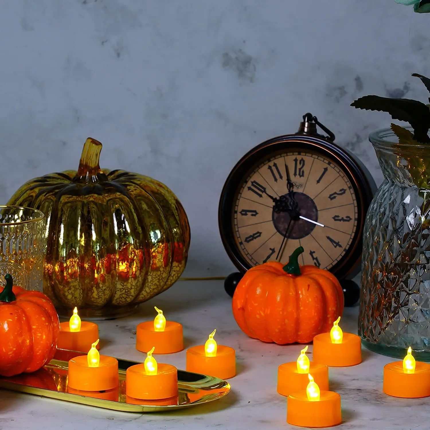 Halloween 24 Pack Orange Tea Light Candles, Battery Operated LED Tealights, Small Pumpkins Lights with Warm White Bulb, Flameless, Electric Fake Tea Candles Realistic for Halloween, Pumpkin Lanterns