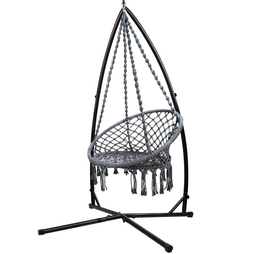 Hammock Chair with Steel Stand Macrame Outdoor Swinging - Grey