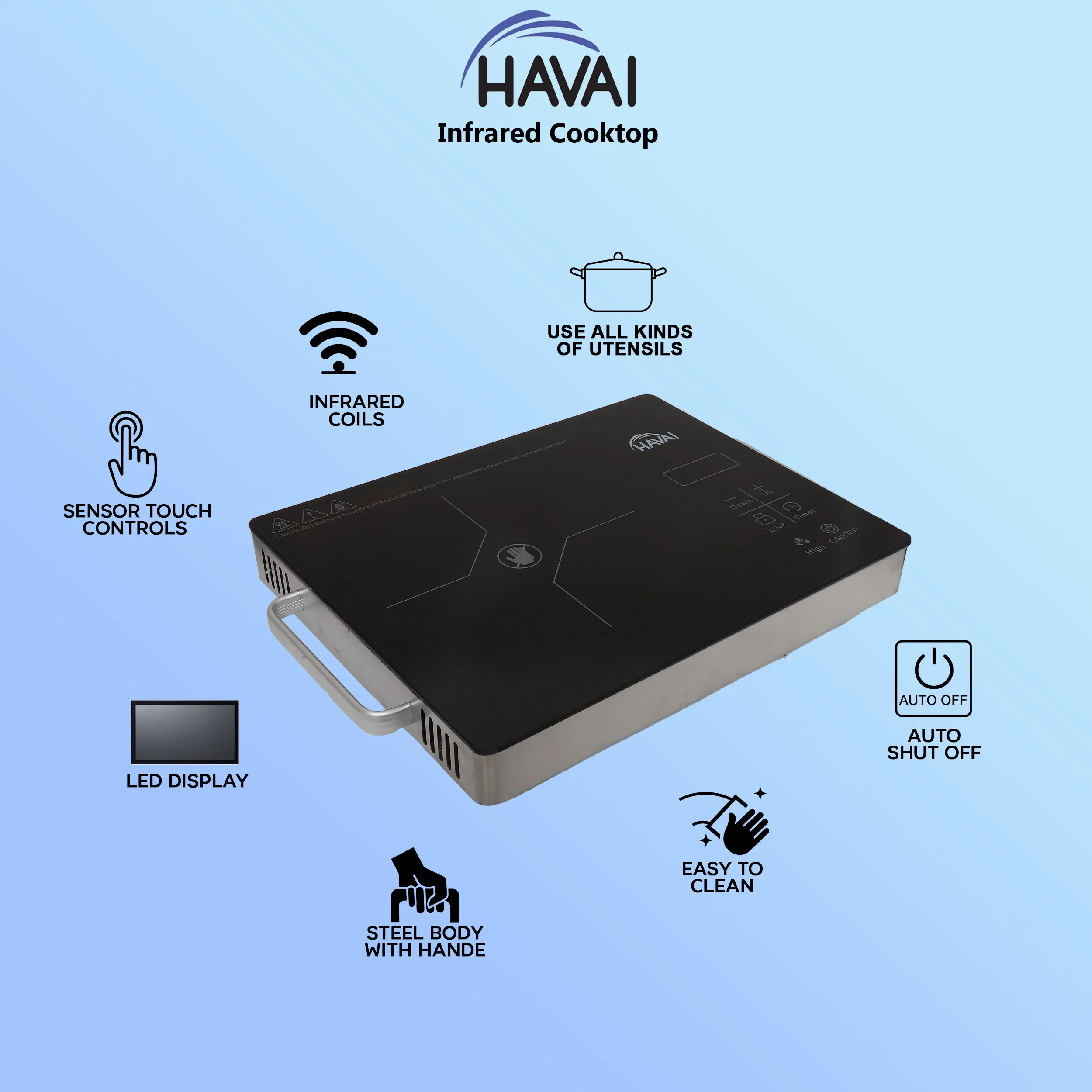 HAVAI Infrared Induction Cooktop | 2000W | Touch Functions with LED Display | All Utensil Type Usable like Steel |