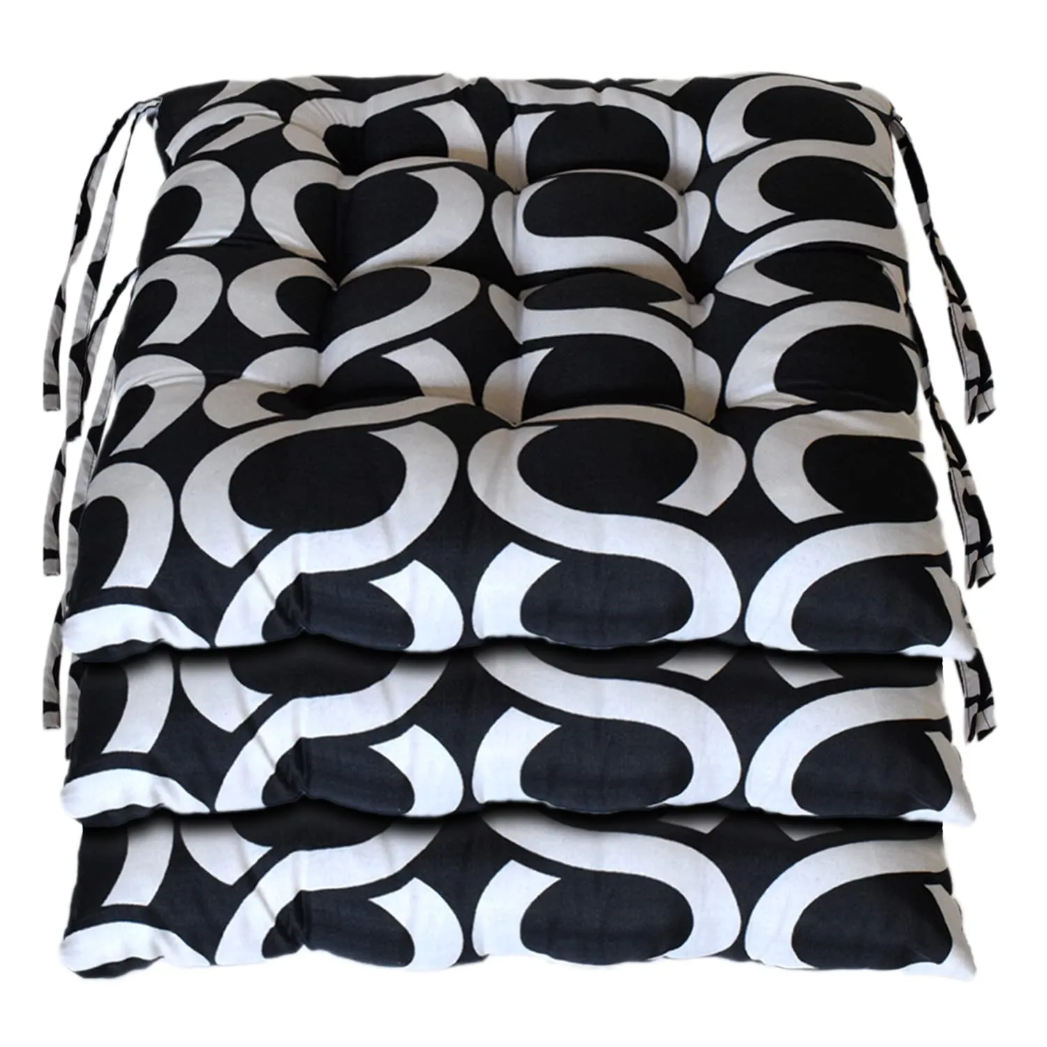 Heart Home Geometric Seamless Pattern Microfiber Durable, Comfortable & Soft Square Chair Pad/Cushion/Seat Pad with Ties, 18 * 18 Inch- Pack of 3 (Black)