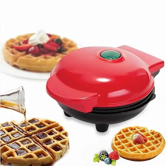 KrissKross Mini Waffle Maker 4 Inch- 350 Watts: for Individual Belgian Waffles, Pan Cakes, Paninis or Other Snacks Stainless Steel Non-Stick Electric Iron Machine - Tangy Red