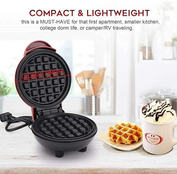 KrissKross Mini Waffle Maker 4 Inch- 350 Watts: for Individual Belgian Waffles, Pan Cakes, Paninis or Other Snacks Stainless Steel Non-Stick Electric Iron Machine - Tangy Red