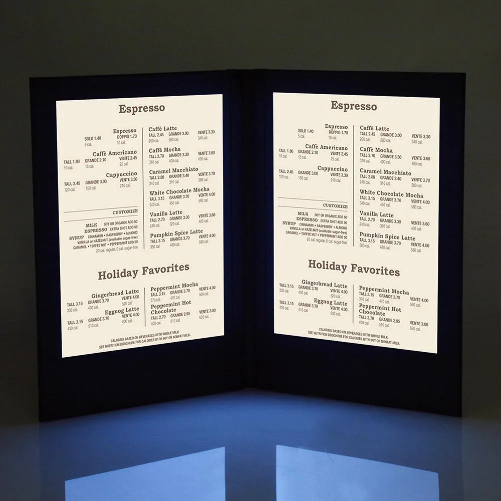 LED Menu Cover Illuminated Menus 8.5x14 2-View with Adaptor