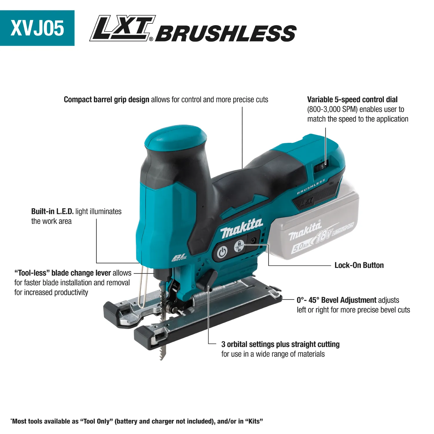 Makita XVJ05Z LXT 18 Volt Cordless Barrel Grip Jig Saw (Tool Only)