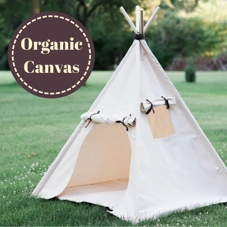 Organic Canvas Teepee, Play Tent with Unique Roll Up Door, Kids Tepee with Window, Two Sizes