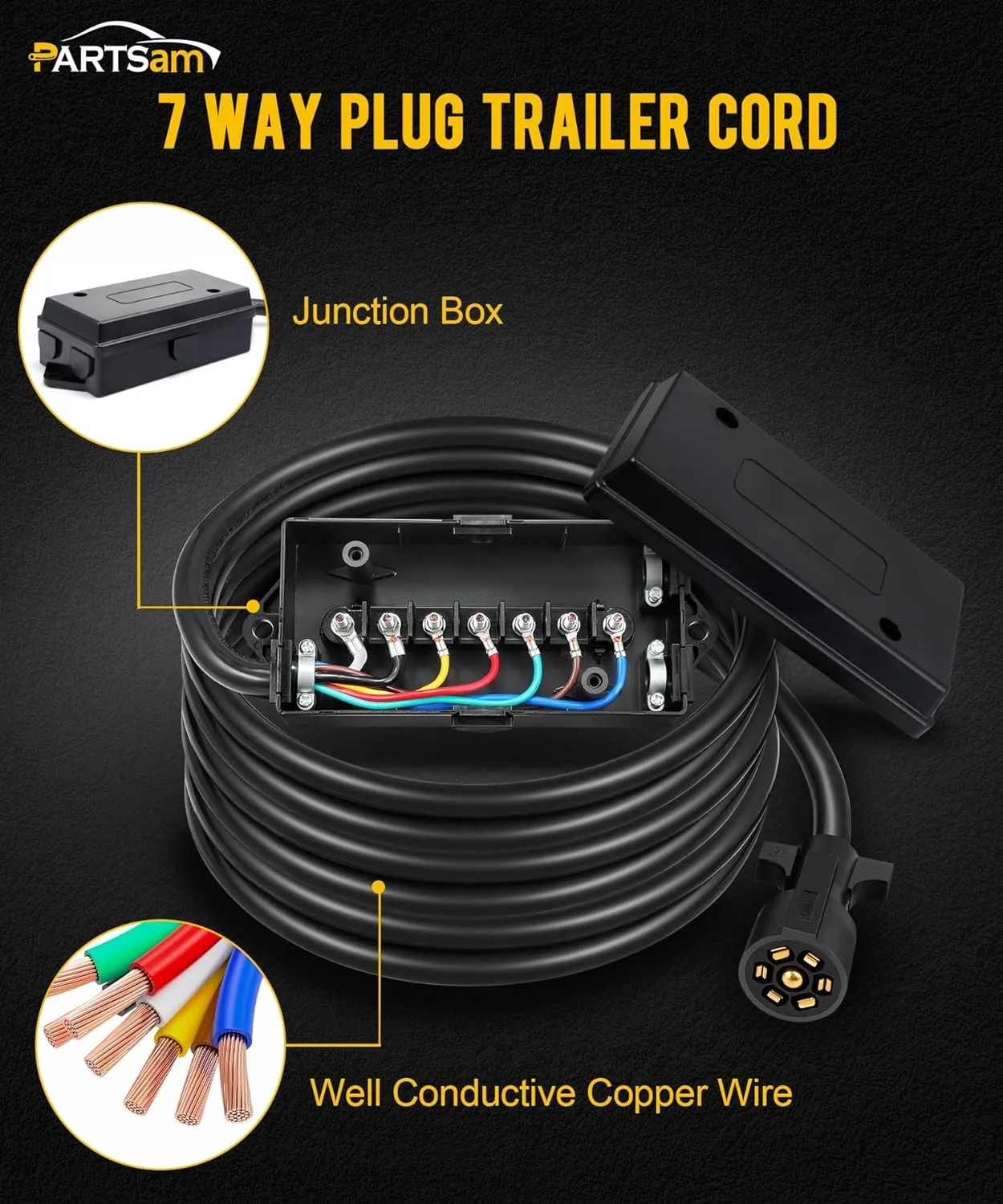 Partsam Heavy Duty 7 Way Plug Inline Trailer Cord with 7 Gang Junction Box Weatherproof 8 Feet Trailer Connector Cable Wiring Harness