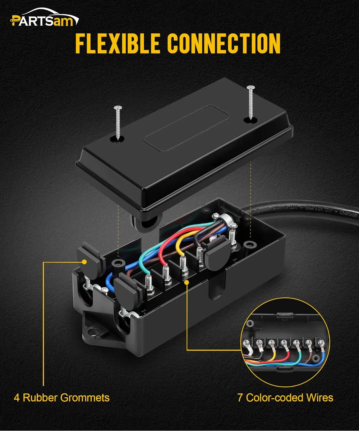 Partsam Heavy Duty 7 Way Plug Inline Trailer Cord with 7 Gang Junction Box Weatherproof 8 Feet Trailer Connector Cable Wiring Harness