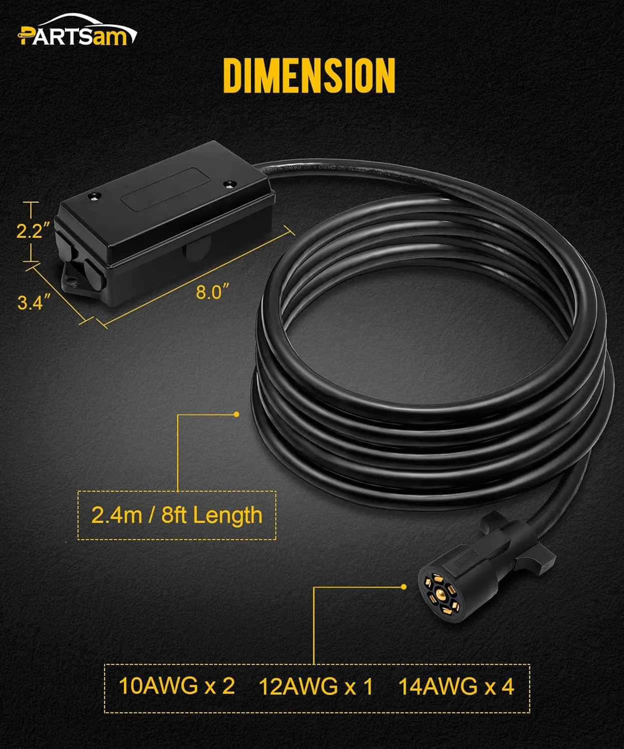 Partsam Heavy Duty 7 Way Plug Inline Trailer Cord with 7 Gang Junction Box Weatherproof 8 Feet Trailer Connector Cable Wiring Harness