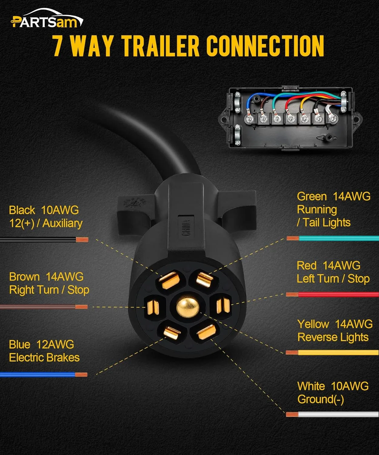 Partsam Heavy Duty 7 Way Plug Inline Trailer Cord with 7 Gang Junction Box Weatherproof 8 Feet Trailer Connector Cable Wiring Harness