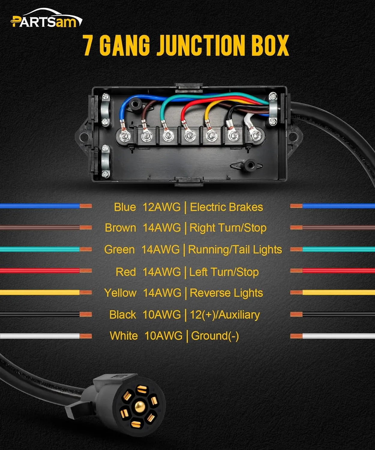 Partsam Heavy Duty 7 Way Plug Inline Trailer Cord with 7 Gang Junction Box Weatherproof 8 Feet Trailer Connector Cable Wiring Harness