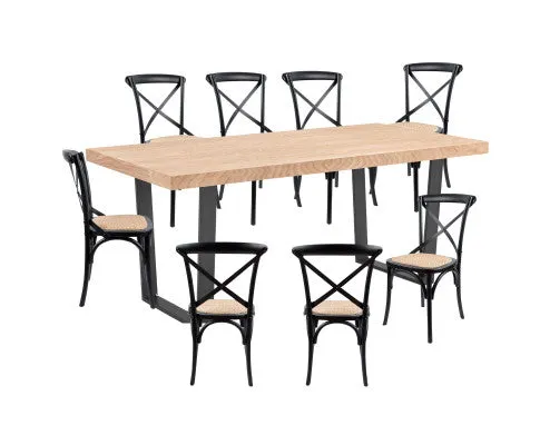 Petunia 9pc 210cm Dining Table Set 8 Cross Back Chair Elm Timber Wood Metal Leg