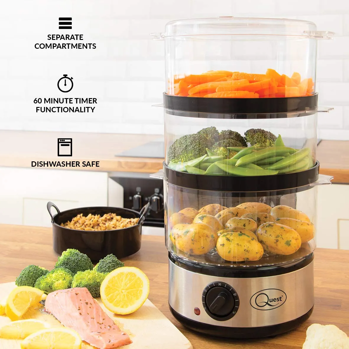 Quest 35220 3 Tier Food Steamer / 7.2 Litre/Compact Design / 3 Separate Compartments & Rice Bowl/Healthy Cooking Of Vegetables, Meats & Fish / 60 Minute Timer Function / 400W