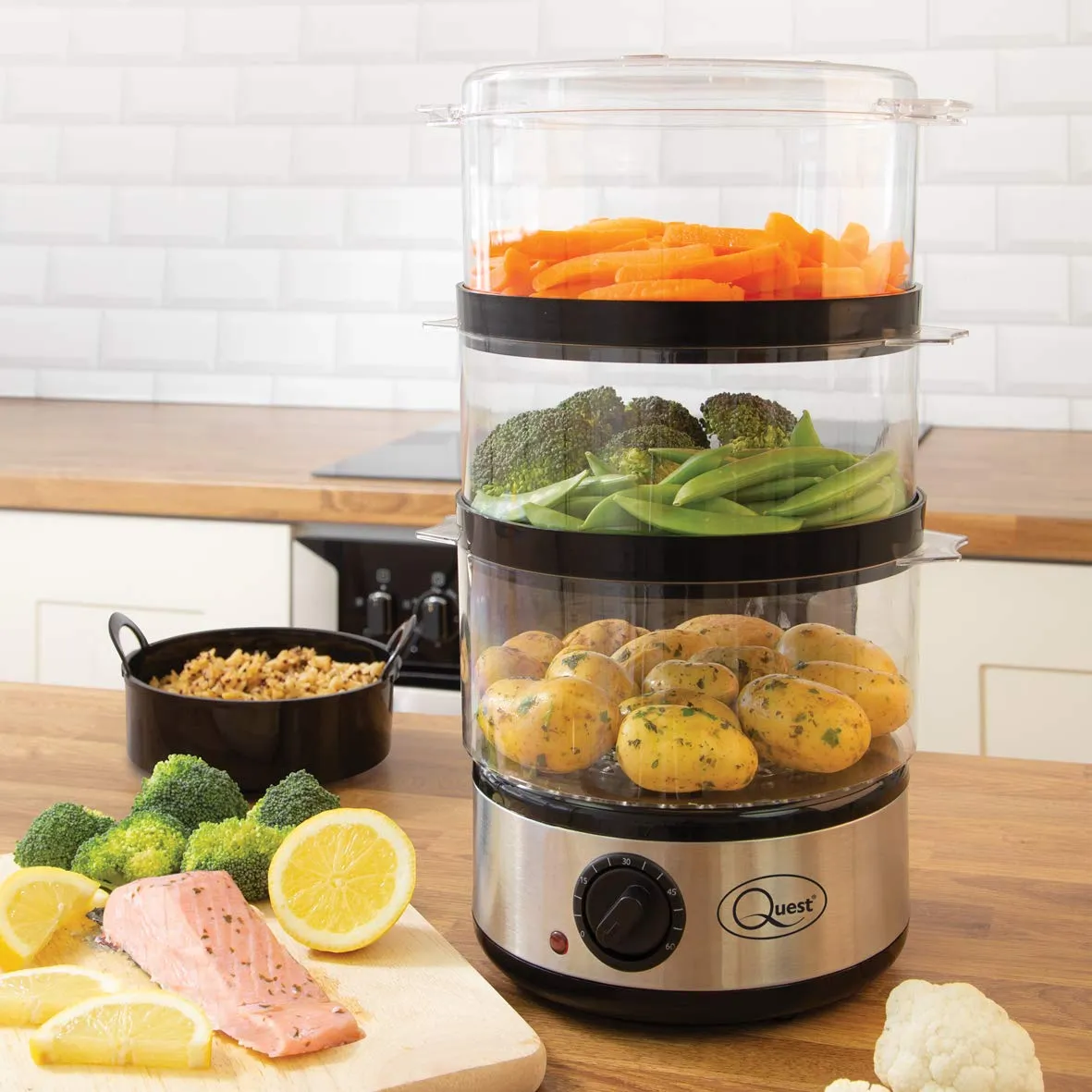 Quest 35220 3 Tier Food Steamer / 7.2 Litre/Compact Design / 3 Separate Compartments & Rice Bowl/Healthy Cooking Of Vegetables, Meats & Fish / 60 Minute Timer Function / 400W