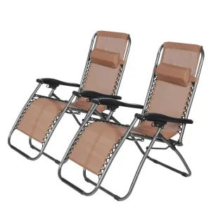 Set of 2 Adjustable Zero Gravity Chair, Folding Reclining Patio Lounge Chairs with Pillow, Brown