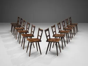 Set of Twelve French Pastoral Dining Chairs in Stained Wood