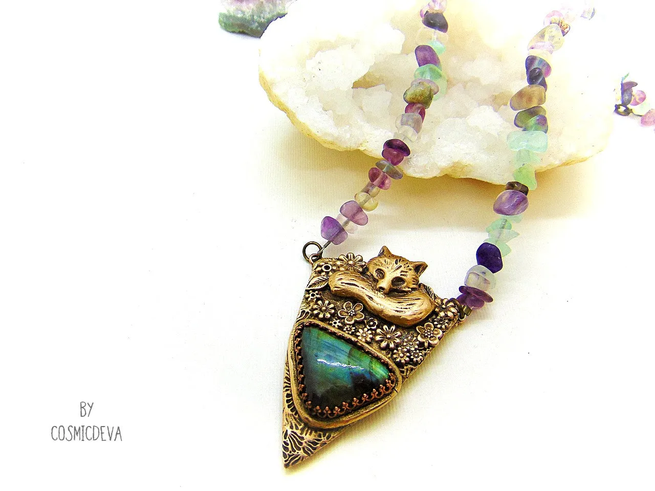 Sleeping Fox Floral Labradorite Gold Bronze Pendant With Fluorite Necklace