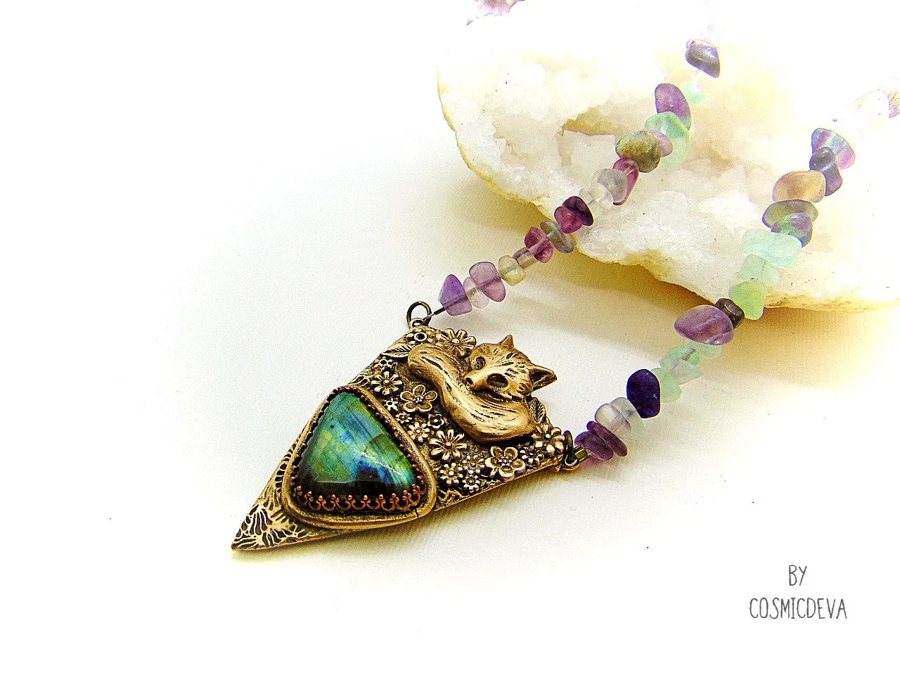 Sleeping Fox Floral Labradorite Gold Bronze Pendant With Fluorite Necklace