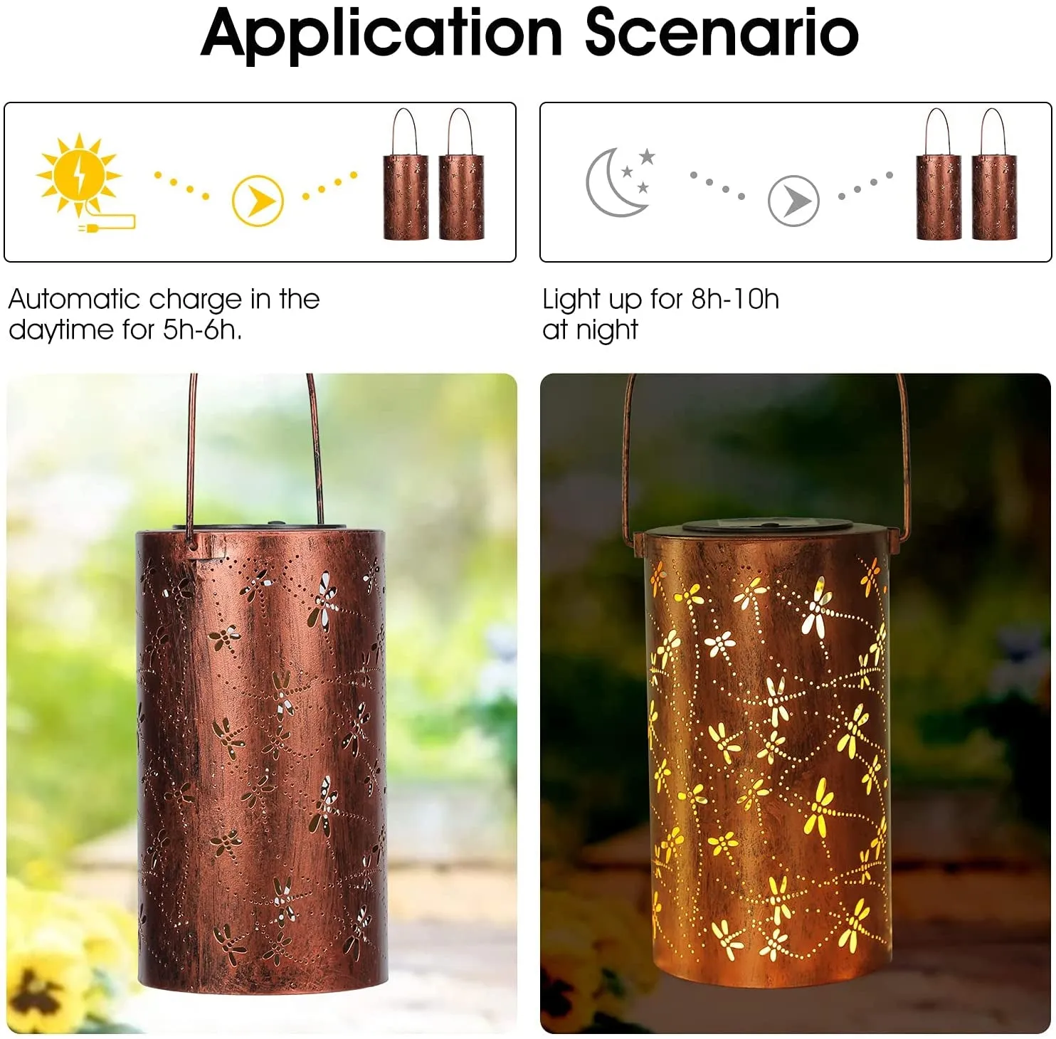 Solar Lanterns Outdoor Hanging Lantern Lights, Dragonfly Hollowed-Out Metal Decor Lantern, Waterproof LED Decorative Garden Light - Delicate Garden Decoration for Patio, Yard, Pathway, Landscape