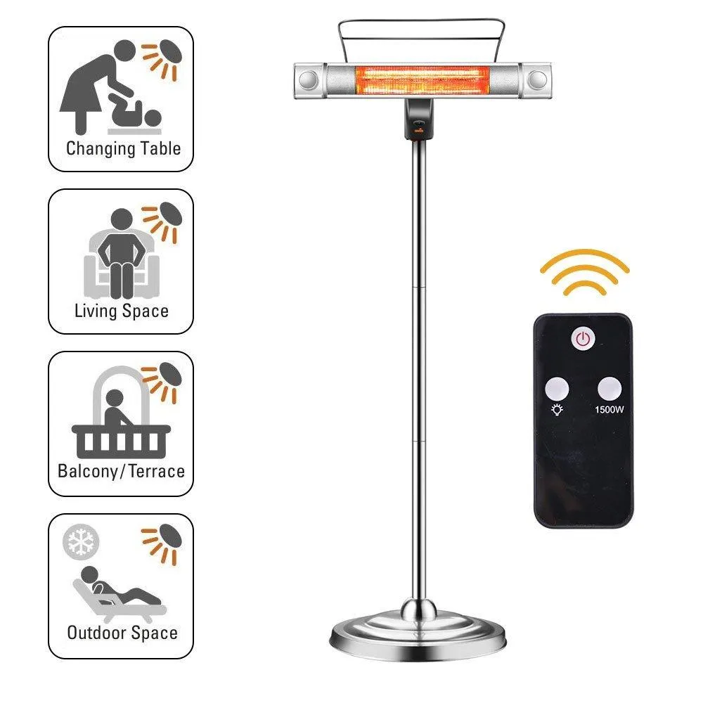 Sundate Electric Patio Heater, Infrared Heater with 2 LED Lights and Remote Control, Indoor/Outdoor Standing Heater, TH15LR